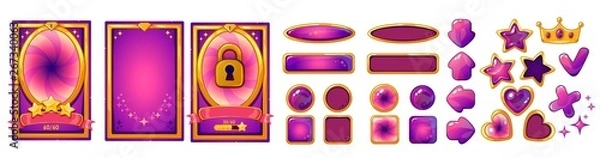Fototapeta Karta poziomu tła do projektowania interfejsu użytkownika gier mobilnych. Gwiazda czarownicy wstążki zwycięstwa. Zestaw przycisków.