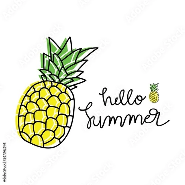 Obraz Hello summer bright poster with pineapple and hand drawn lettering, vector illustration