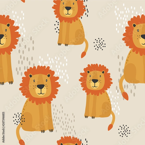 Obraz Lions, hand drawn backdrop. Colorful seamless pattern with animals. Decorative cute wallpaper, good for printing. Overlapping colored background vector