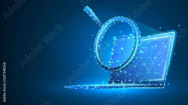 Obraz Magnifying glass on laptop screen. Business, Internet surfing, Analysis, Search symbol. Abstract digital wireframe, low poly mesh, polygonal vector blue neon 3d illustration. Triangle, line, dot