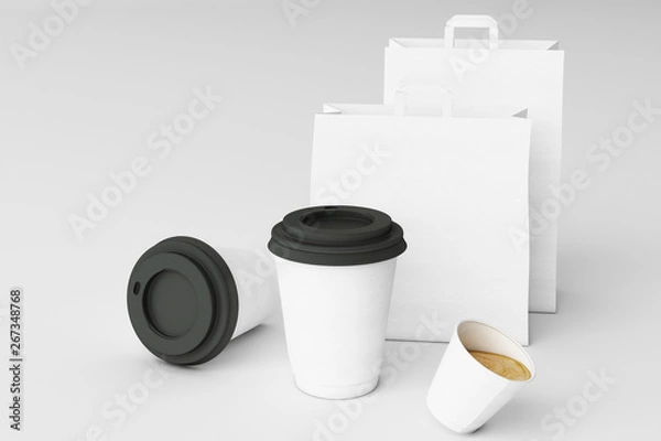 Fototapeta Set of white paper shopping bag and coffee cups on white background. 3d rendering