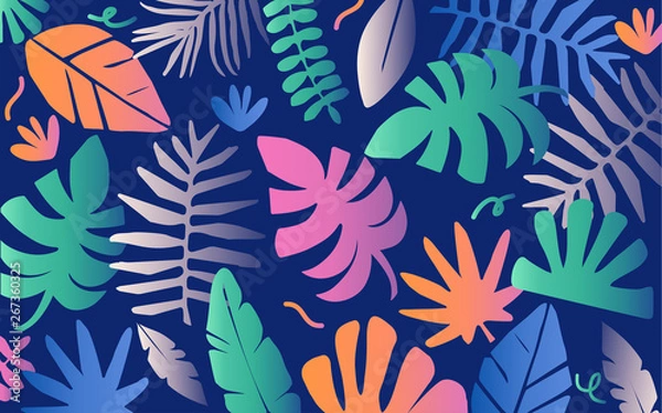 Fototapeta Tropical jungle leaves and flowers background. Colorful tropical poster design. Exotic leaves, flowers, plants and branches art print. Botanical pattern, wallpaper, fabric vector illustration design