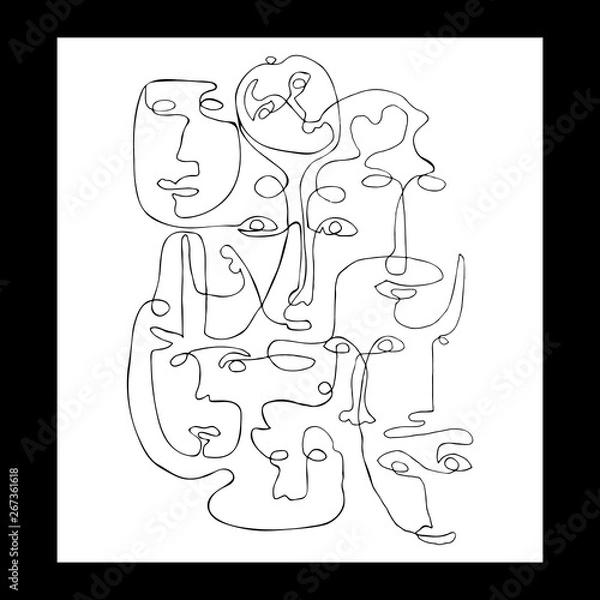 Fototapeta Modern poster with linear abstract faces. Continuous line art. One line drawing. Minimalist graphic.