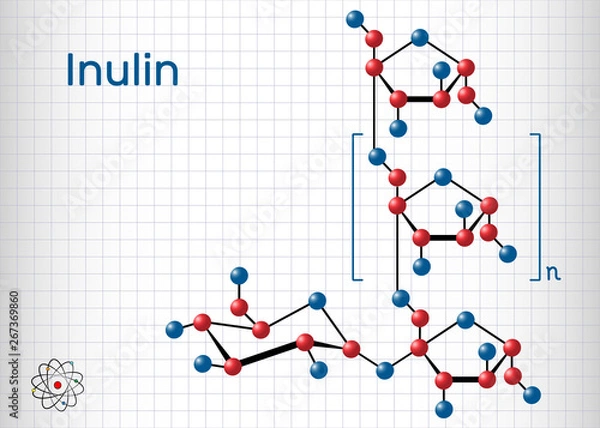 Fototapeta Inulin molecule. Sheet of paper in a cage. Structural chemical formula and molecule model