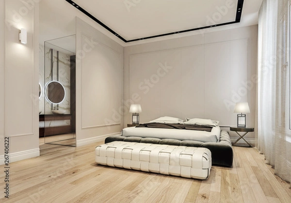 Fototapeta Modern interior design of master bedroom with large bathroom, king size bed with bed sheets, wooden flooring and classic style gray walls with decorative moldings, 3d rendering
