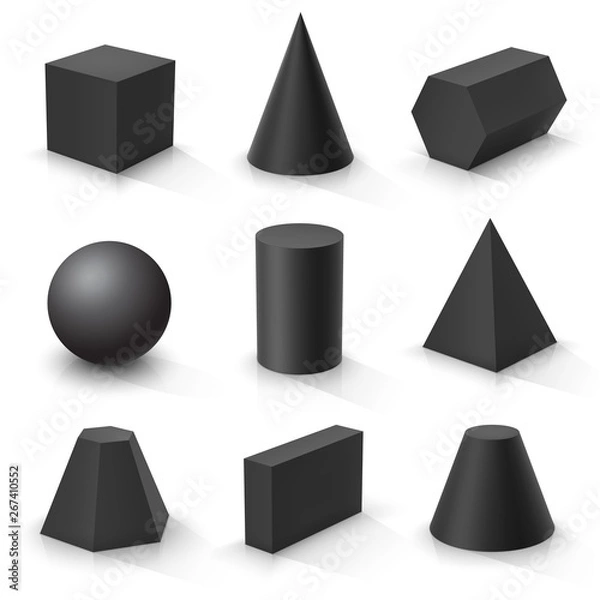 Obraz Set of basic 3d shapes. Black geometric solids on a white background