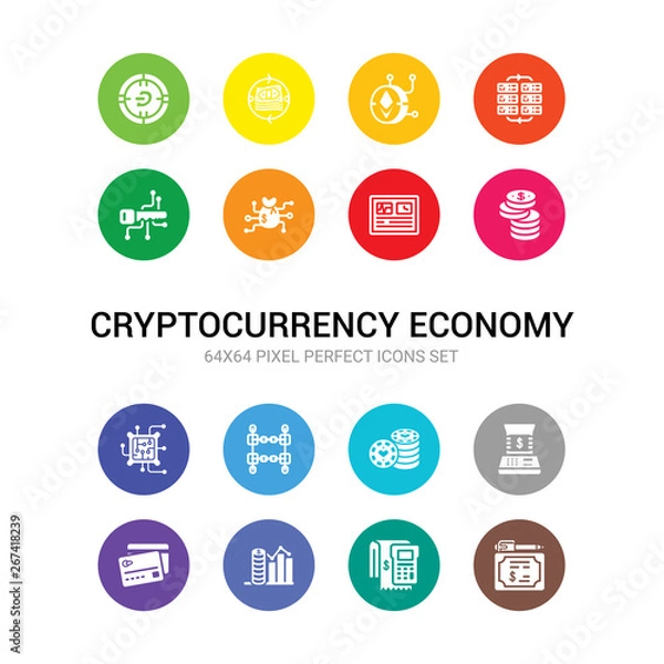 Fototapeta 16 cryptocurrency economy vector icons set included bonds, budget accounting, budget diagram, card, cash machine, casino chips, chains, circuit, coin, crypto hash rate, crypto invest icons