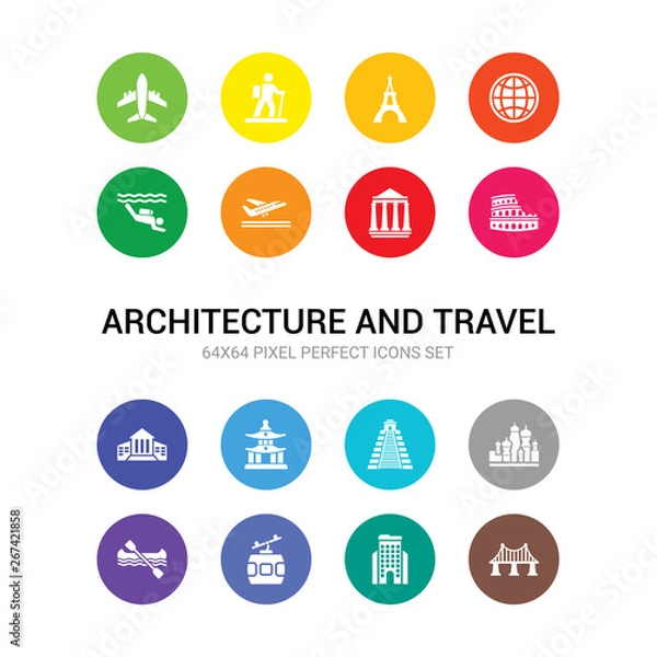 Fototapeta 16 architecture and travel vector icons set included bridge, building, cable car, canoe, cathedral of saint basil, chichen itza, chinese temple, city hall, colosseum, column, departures icons