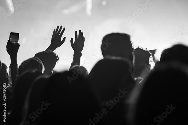 Fototapeta hands to the skies of people dancing and having fun at the live music concert