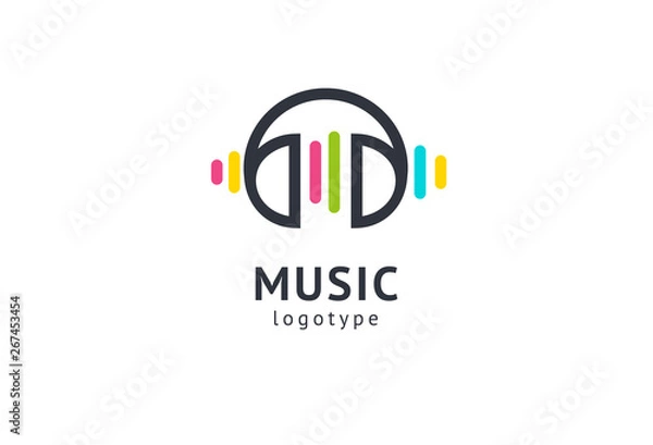 Fototapeta Vector illustration, Graphic Design headphone logotype. Abstract music icon vector design. Sound recording studio, night party. School of Music, disco, vocal course, composer, singer vector logo.