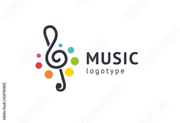 Obraz Vector illustration, Graphic Design treble clef logotype. Abstract music icon vector design. Sound recording studio, night party. School of Music, disco, vocal course, composer, singer vector logo.