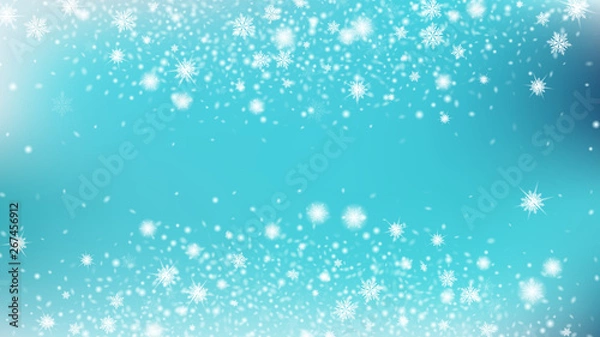 Obraz Glitter Snowflakes Background. Bbright, White, Shimmer, Glowing, Scatter, Falling background. Festive frame for New Year greetings. Blue base.