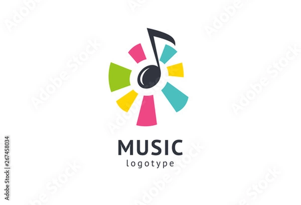 Fototapeta Vector illustration, Graphic Design Note web logotype. Abstract music logo icon vector design. Sound recording studio, night party. School of Music, disco, vocal course, composer, singer vector logo.