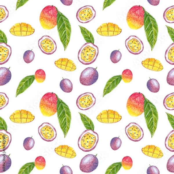 Fototapeta Mango with leaves and passion fruit seamless pattern, hand drawn botanical illustration isolated on white.