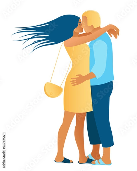 Obraz A loving couple of people kissing, hugging in the summer. A young woman embraces a man by the neck. The guy and the girl hug and kiss each other on a white background. Flat style vector illustration.
