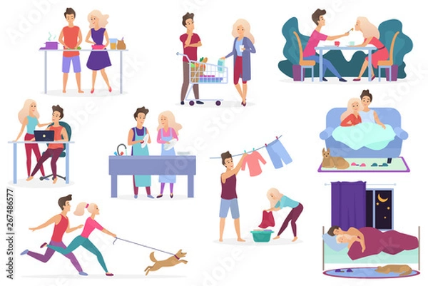 Fototapeta Set of vector loving couple activities. Cooking, shopping products, having dinner, working, relaxing, watching movie, romantic evening together, washing clothes, walking with pet dog, sleeping.