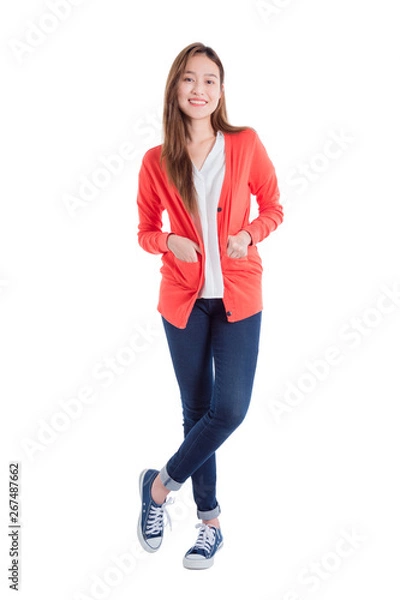Obraz Full length of beautiful asian woman smiling isolated over white background