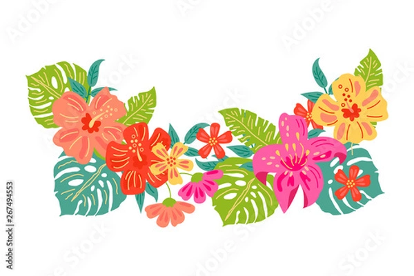 Obraz Tropical exotic flowers and leaves. Hand drawn sketch style vector illustration isolated on white background. Flat style design element for poster, banner, party invitation, summer concept.