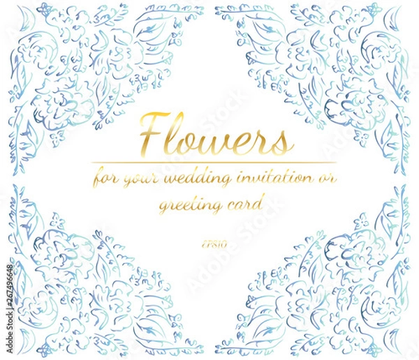 Fototapeta Wreath of roses or peonies flowers with violet, yellow and pink colors. Floral Frame design elements for your wedding invitation and greeting card. Hand drawn vector illustration. Line art. Sketch.