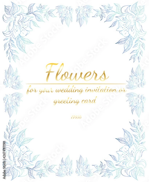 Fototapeta Wreath of roses or peonies flowers with violet, yellow and pink colors. Floral Frame design elements for your wedding invitation and greeting card. Hand drawn vector illustration. Line art. Sketch.