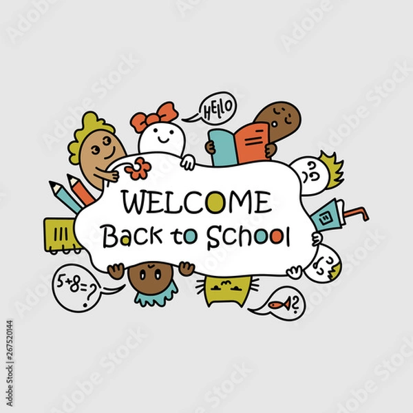 Fototapeta Back to school poster with doodles. children of different nationalities. Vector illustration