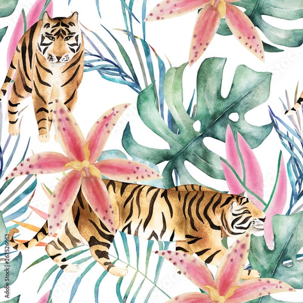 Fototapeta Tropical seamless pattern with tigers, orchids and leaves. Watercolor summer print. Exotic floral hand drawn illustration