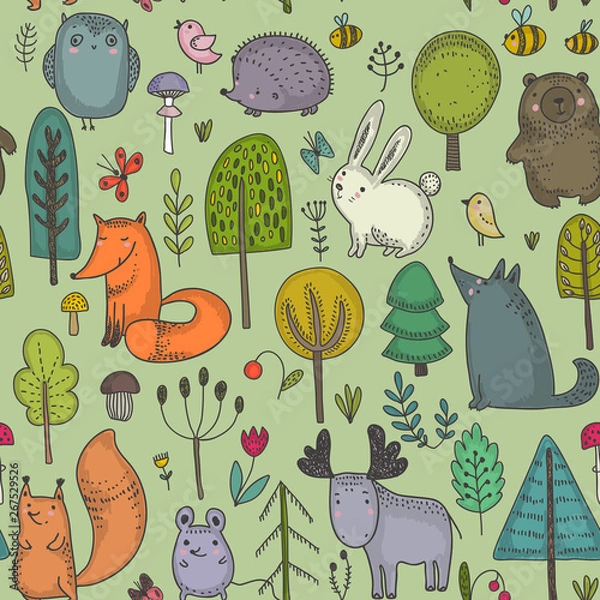 Fototapeta Vector seamless pattern with hand drawn wild forest animals,