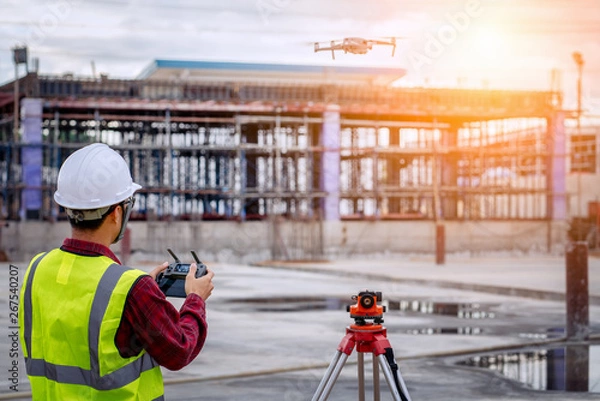 Fototapeta Drone operated by construction worker on building site,flying with drone.