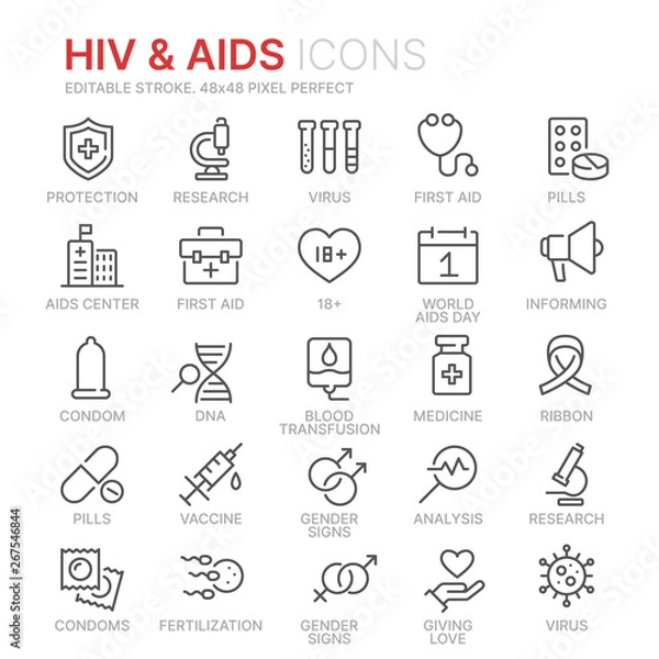 Obraz Collection of HIV and AIDS line icons. 48x48 Pixel Perfect. Editable stroke