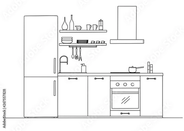 Fototapeta Sketch of the kitchen front view. Vector