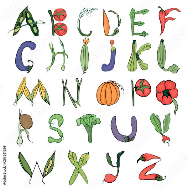 Obraz Colored alphabet made up of different vegetables on a beige background in vintage style
