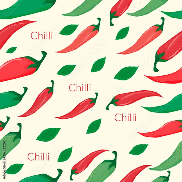 Fototapeta Seamless pattern with different chili peppers, greens and inscriptions on a beige background, bright colorful vegetables.