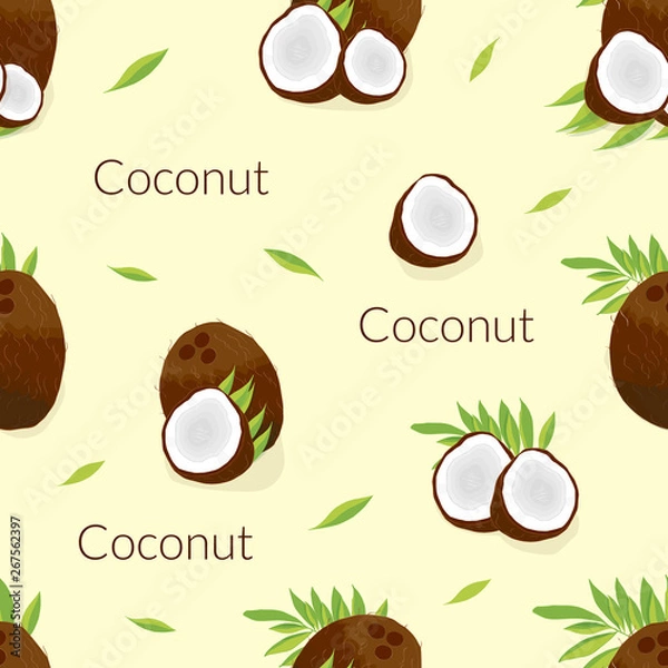 Obraz Seamless pattern, illustration with the image of a juicy coconut and pieces of coconut on the leaves of a palm tree vintage card on a beige background