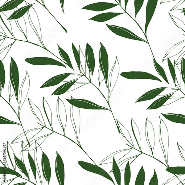 Fototapeta Floral seamless pattern consisting of different elements of foliage, tropical leaves of green color on a white background.