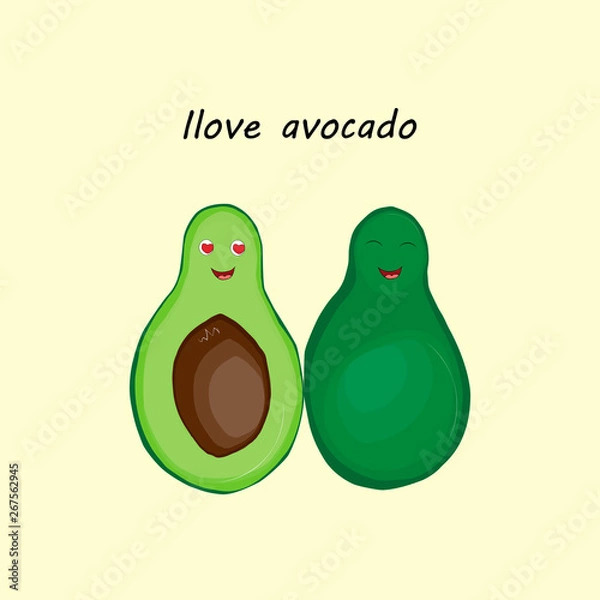 Obraz Illustration with the image of cheerful avocados in the style of a child's illustration on a beige background with the inscription I love avocados.