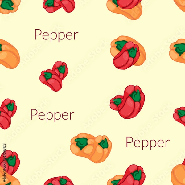 Obraz Seamless background with the image of juicy multi-colored peppers in vintage style, handmade style, cartoon style with typography.