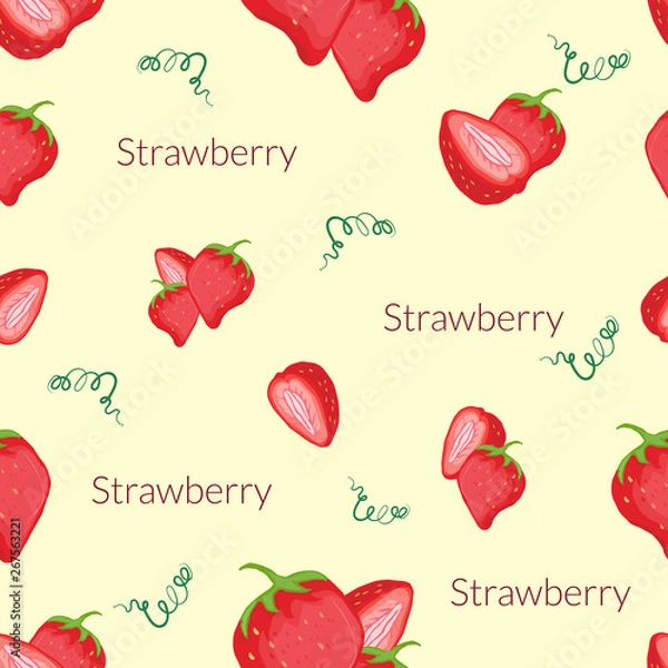 Obraz Seamless pattern with the image of juicy strawberries in vintage style, handmade style, cartoon style with typography.