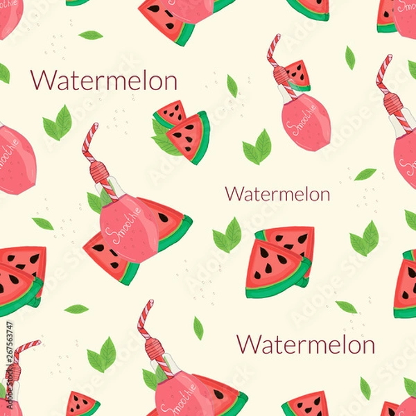 Fototapeta  Seamless pattern on the theme of smoothies, watermelon smoothies on a beige background