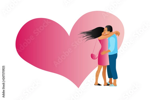 Obraz The lovers man and woman romantically hug and kiss against the background of a large pink heart. Template, place for text, flat style, vector illustration on white background.