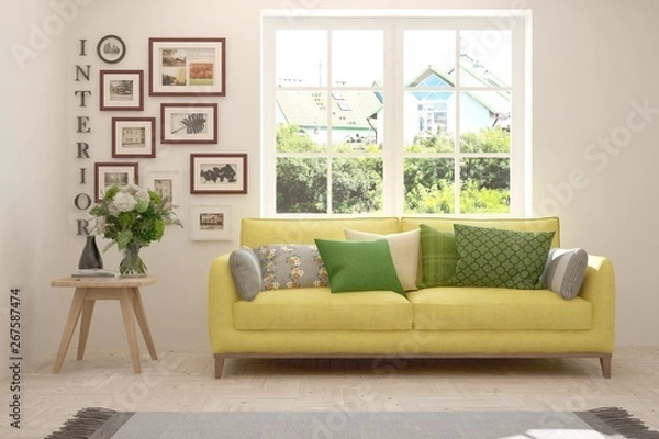 Fototapeta Stylish room in white color with sofa and summer landscape in window. Scandinavian interior design. 3D illustration