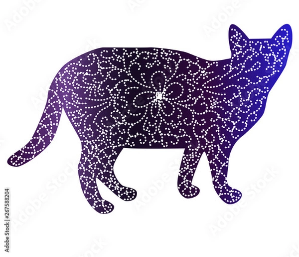 Obraz Elegant cat, silhouette, hand-painted in Indian style, print, design