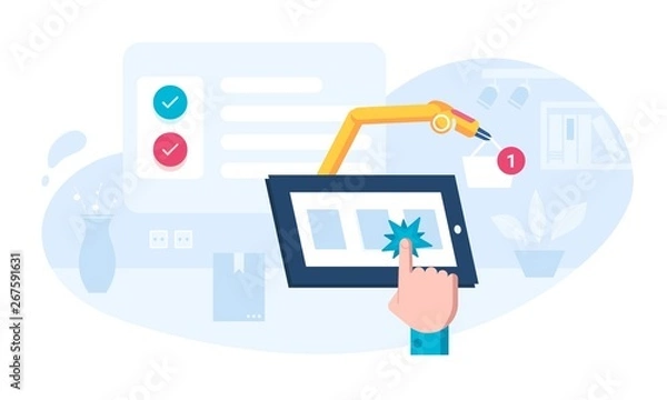 Fototapeta Robotic process automation concept illustration with the engineer's hand operating the mechanism and facing with breakage.