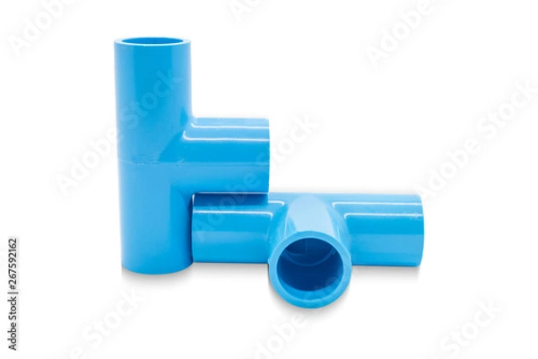 Fototapeta Blue pvc plastic pipe T-joint fitting connect 3 pipe isolated white background.