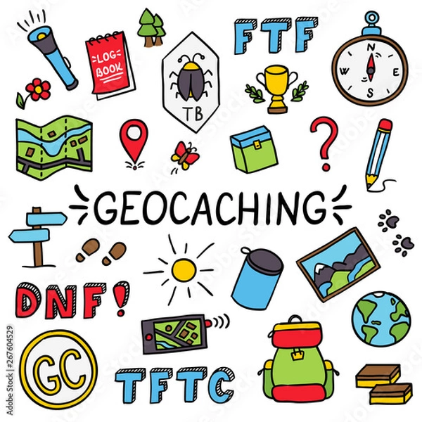 Obraz Geocaching kolorowy zestaw do rysowania doodle