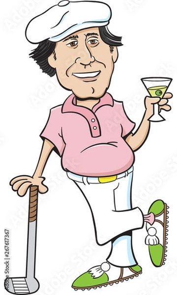 Fototapeta Cartoon illustration of a golfer leaning on a golf club and holding a martini.
