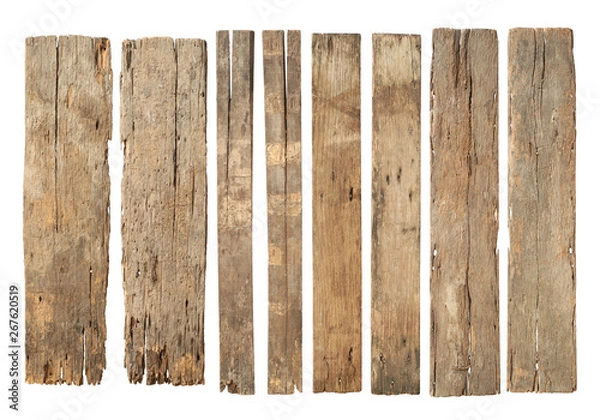 Obraz Wood plank weathered damaged set (with clipping path) isolated on white background
