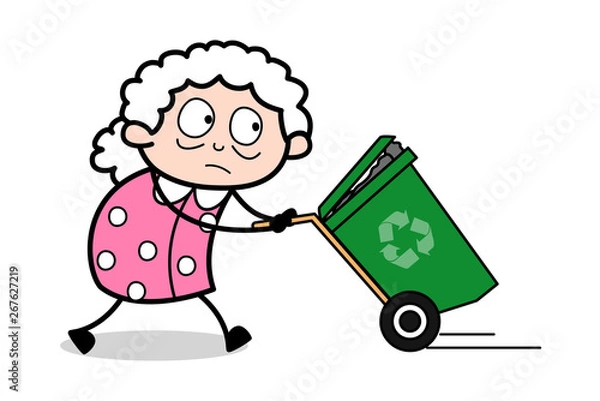 Obraz Running with Dustbin - Old Woman Cartoon Granny Vector Illustration