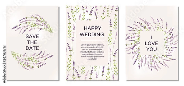 Obraz Wedding invitations set with lavender flowers on background