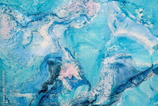 Obraz Blurred marbling in blue tones. Creative abstract background with  acrylic painted handmade surface. Liquid paint.