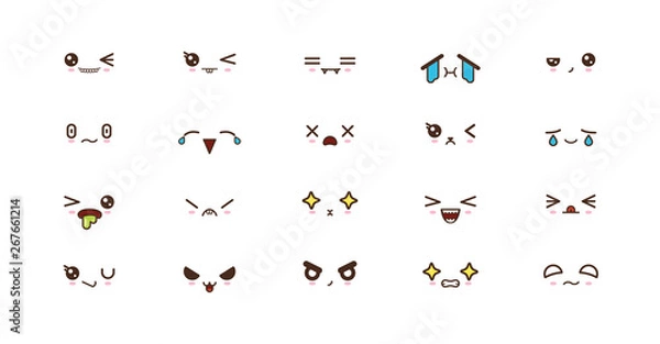 Fototapeta Kawaii cute faces smile emoticons. Japanese emoji